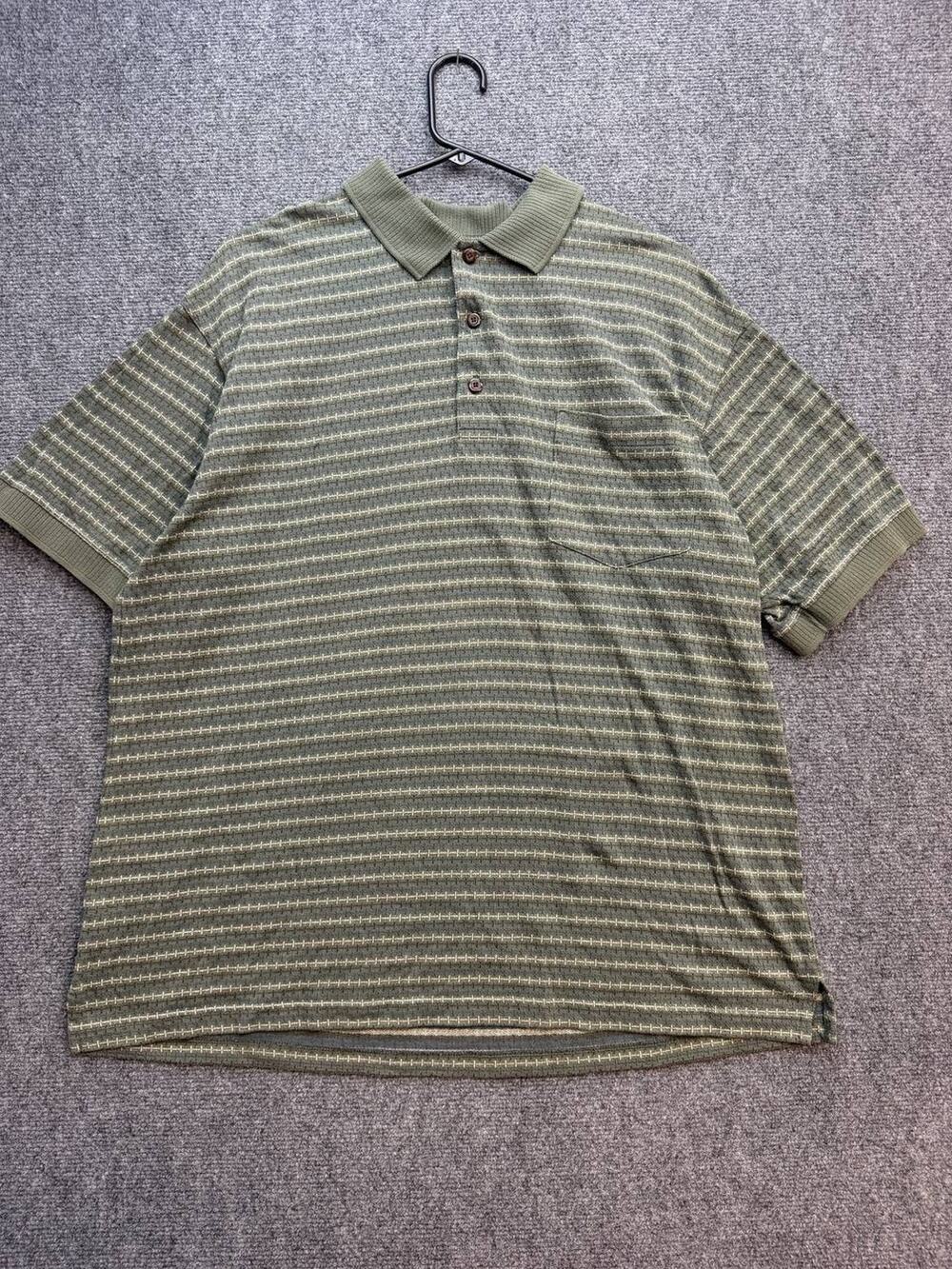 Grand Slam Mens L Green Striped Mercerized Cotton Blend Polo Shirt Pocket